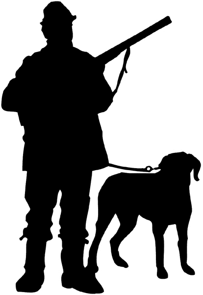 Hunter and dog silhouette vinyl sticker. Customize on line. Hunting 054-0135